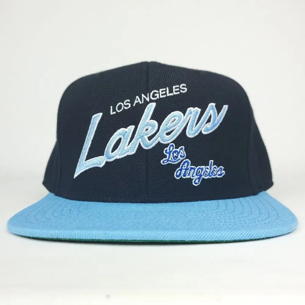 LA Lakers Mitchell & Ness Fitted 7 1/4‎ Flatbill Hat Cap Script Logo Black New